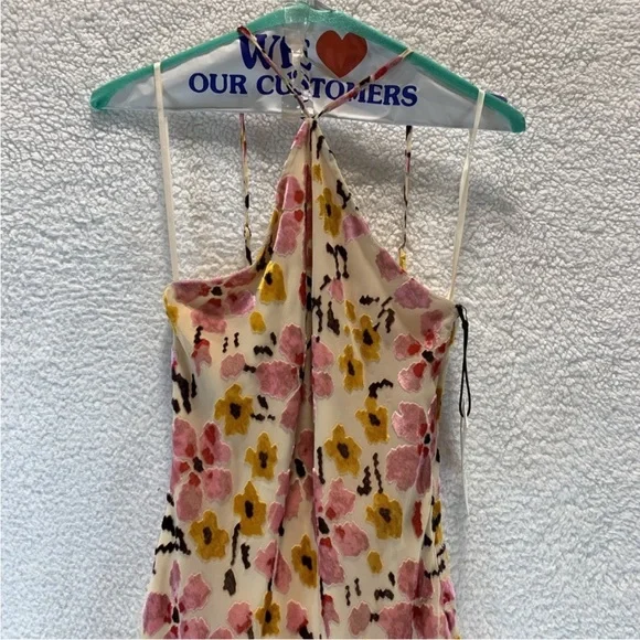 STAUD Pink Yellow Floral Backless Halter Midi Dress - Picture 2 of 5